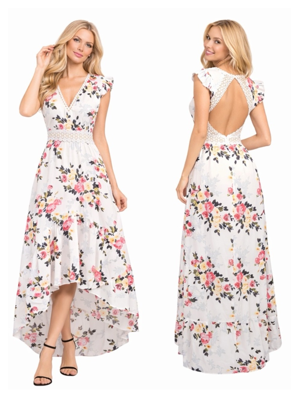 White Flower Crepe Asymmetrical Dress